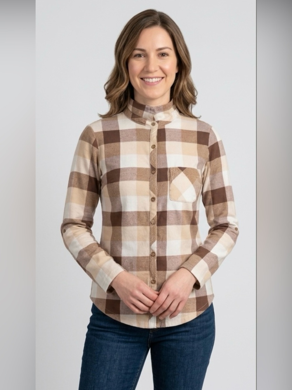 Casual Brown & Cream Plaid Button-Down Shirt